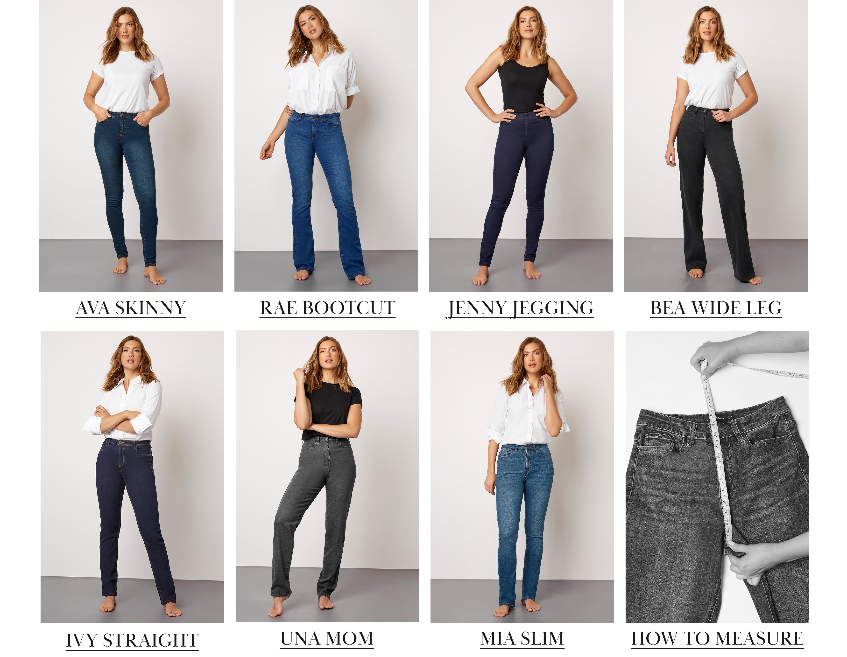 Women Jeans Fits Denim Female Pants Models Skinny Straight Slim  Boyfriend And Boot Cut Silhouette Styles Of Jean Trousers Vector Set  Girlish Casual Outfit As Baggy Flared Shorts Royalty Free SVG Cliparts